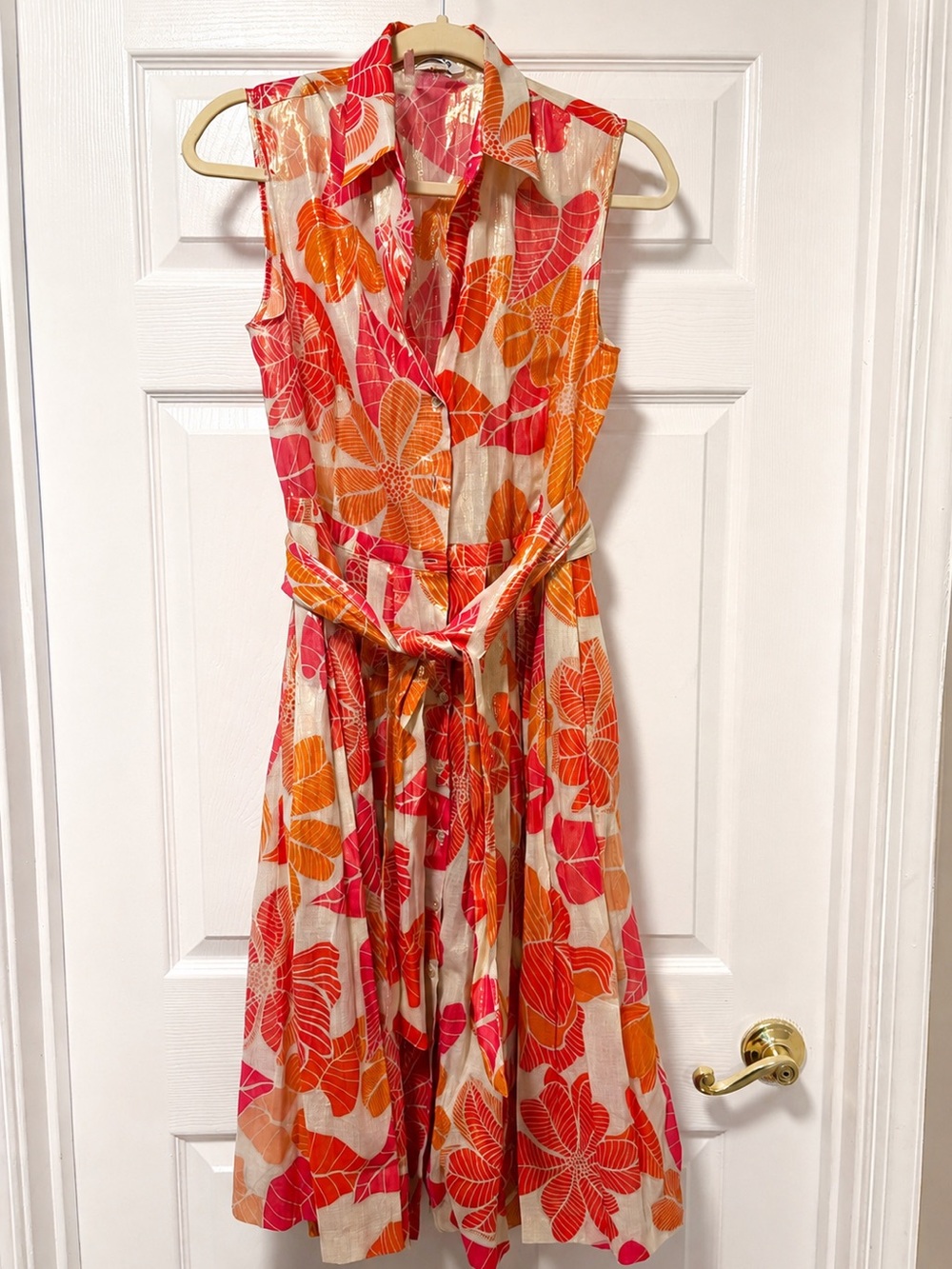 Caliban Floral Midi Dress in Coral & Orange with Self-Tie Waist